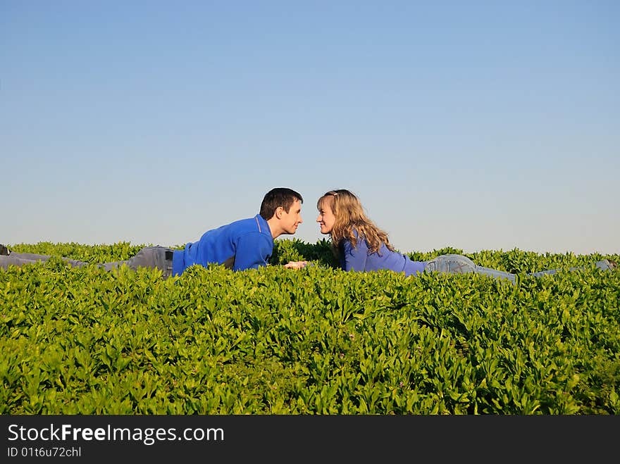 The guy and the girl lay in a grass and look against each other. The guy and the girl lay in a grass and look against each other