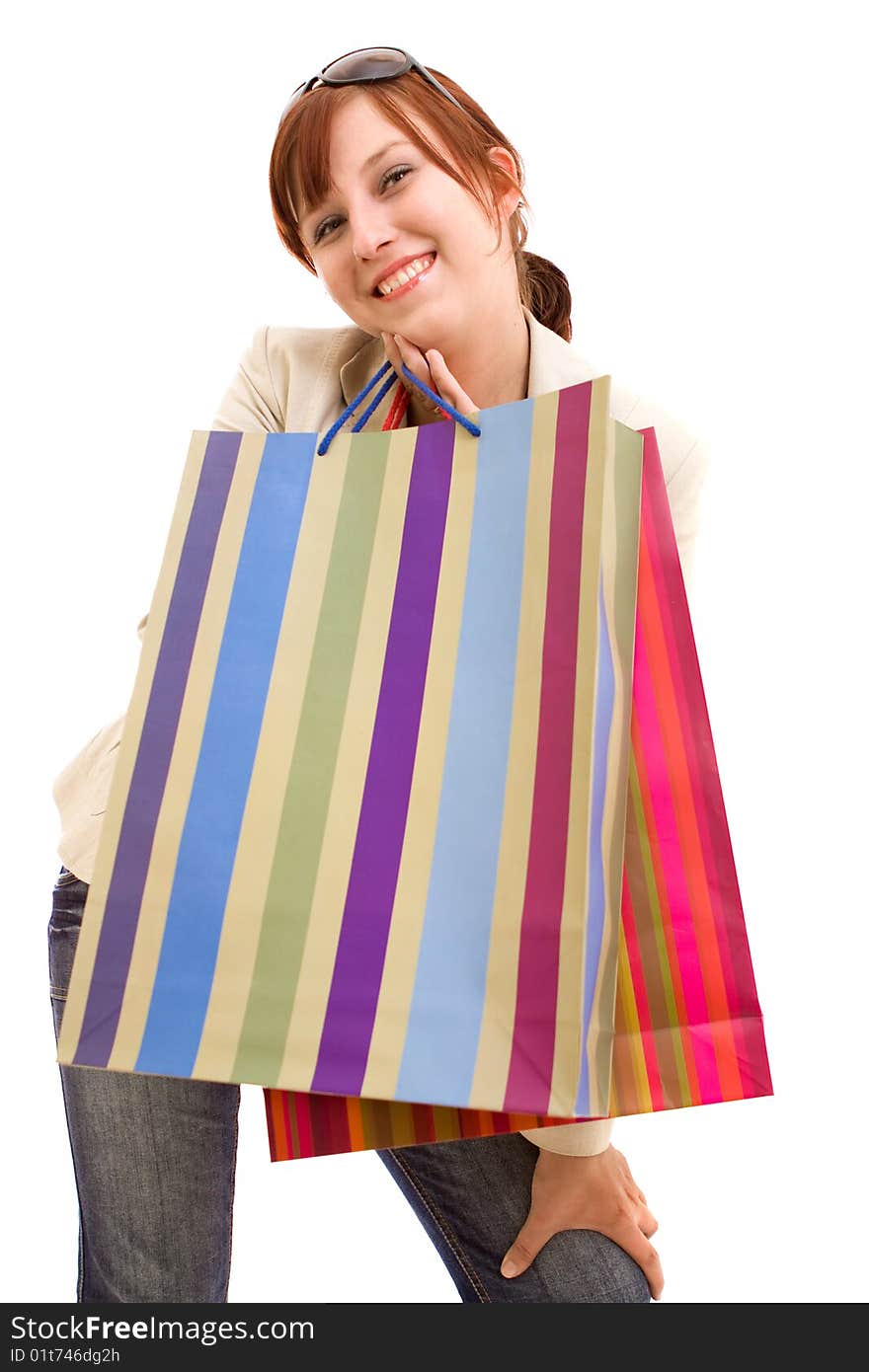 Young brunette woman with shopping bags. Young brunette woman with shopping bags