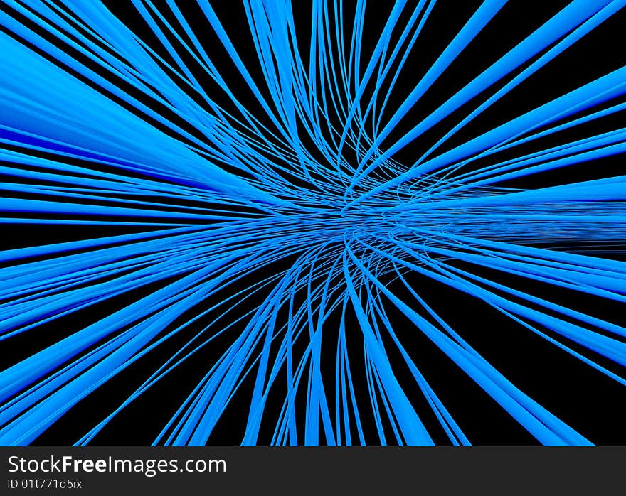 Bunch of the color optical fibres dinamic flying from deep on black background