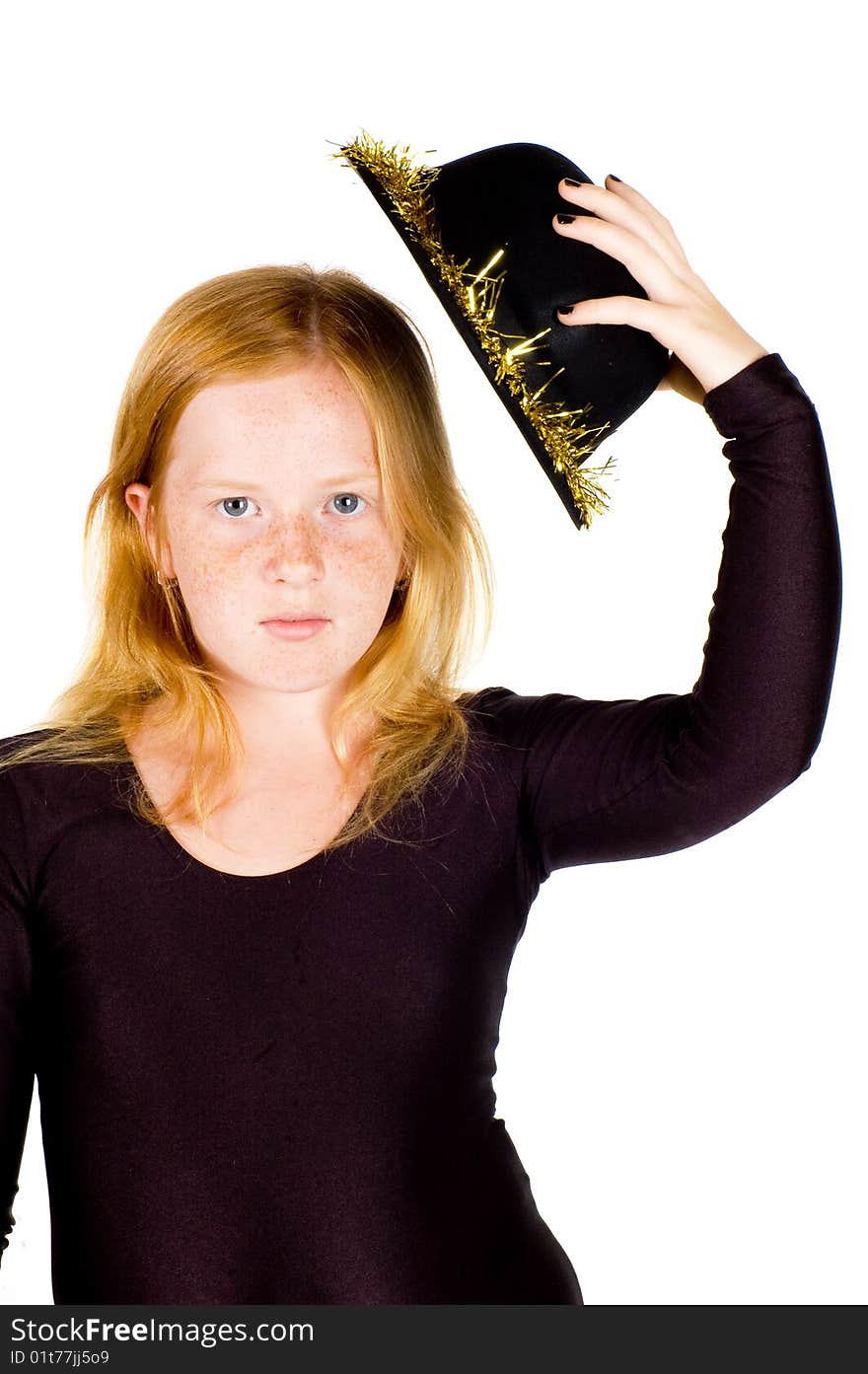 Girl is wearing a black hat with golden streamer isolated on white