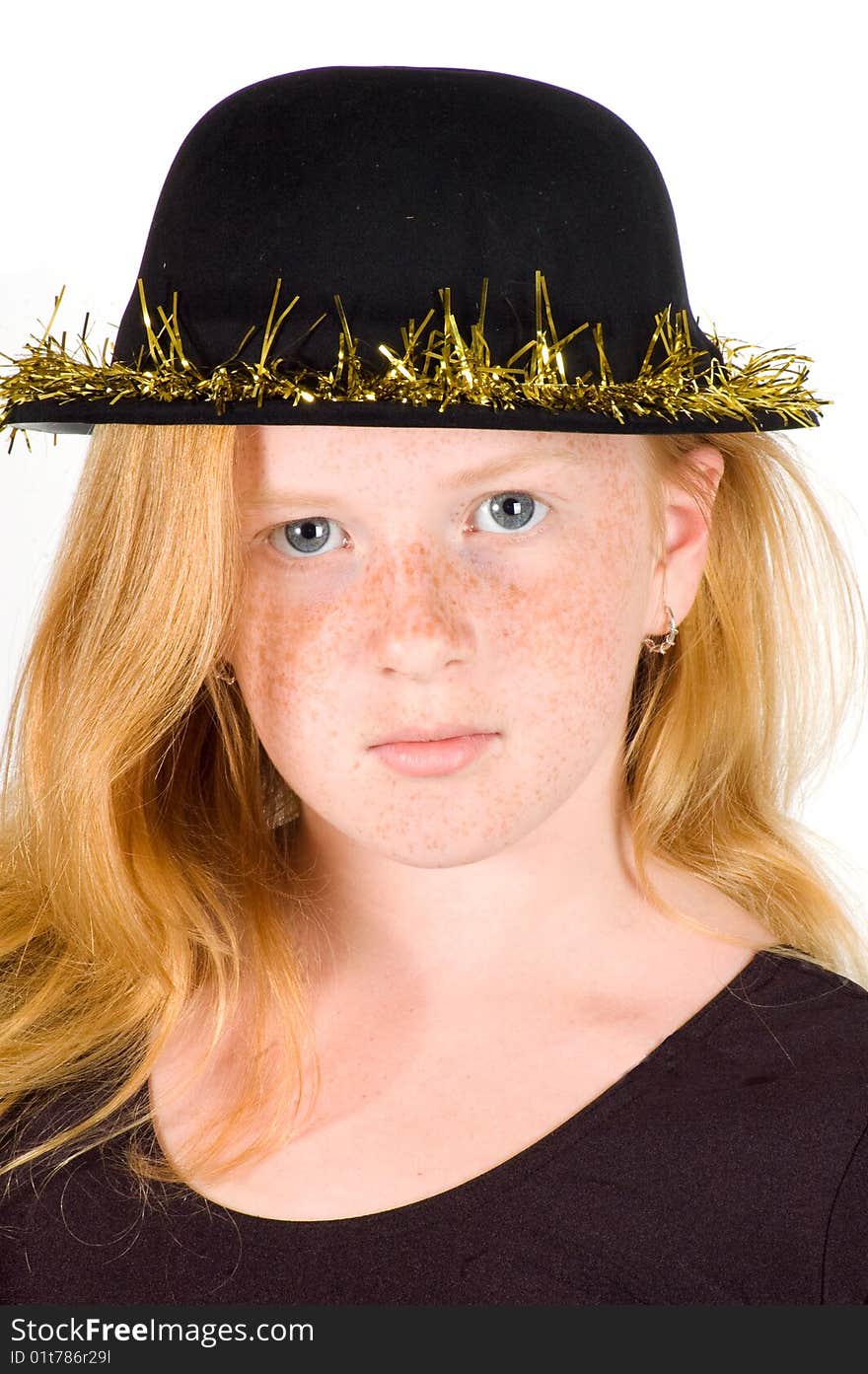 Girl Is Wearing A Black Hat With Golden Streamer