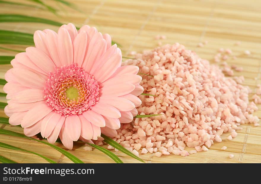 Pink bath salt, pink gerber and green leaf. Pink bath salt, pink gerber and green leaf.