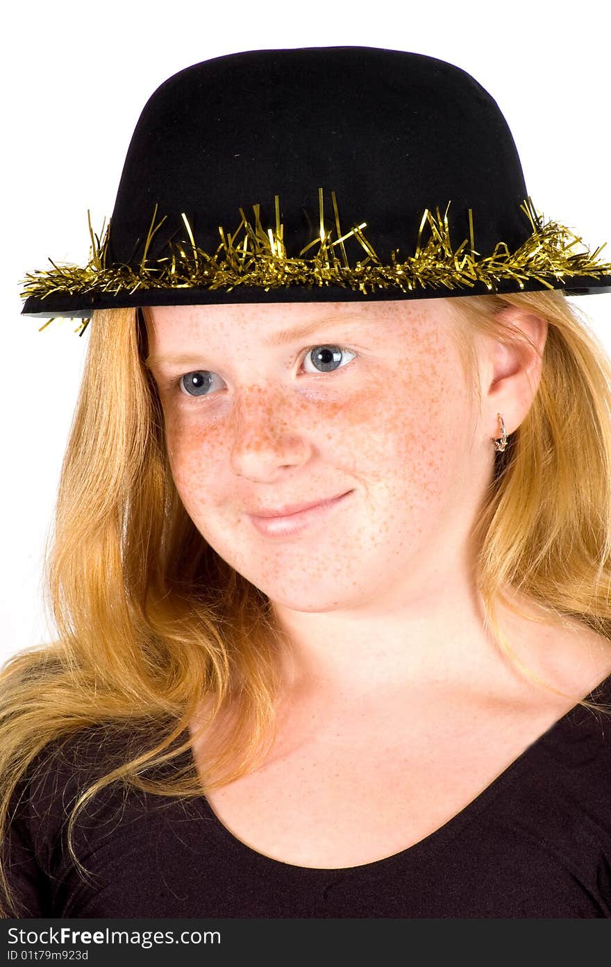 Girl Is Wearing A Black Hat With Golden Streamer