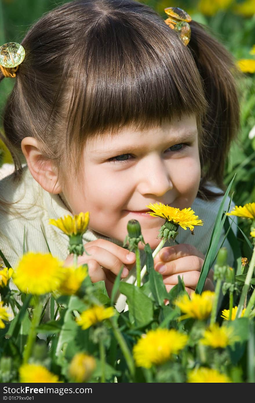 Little Cute Girl Is Sniffing At The Dandelion