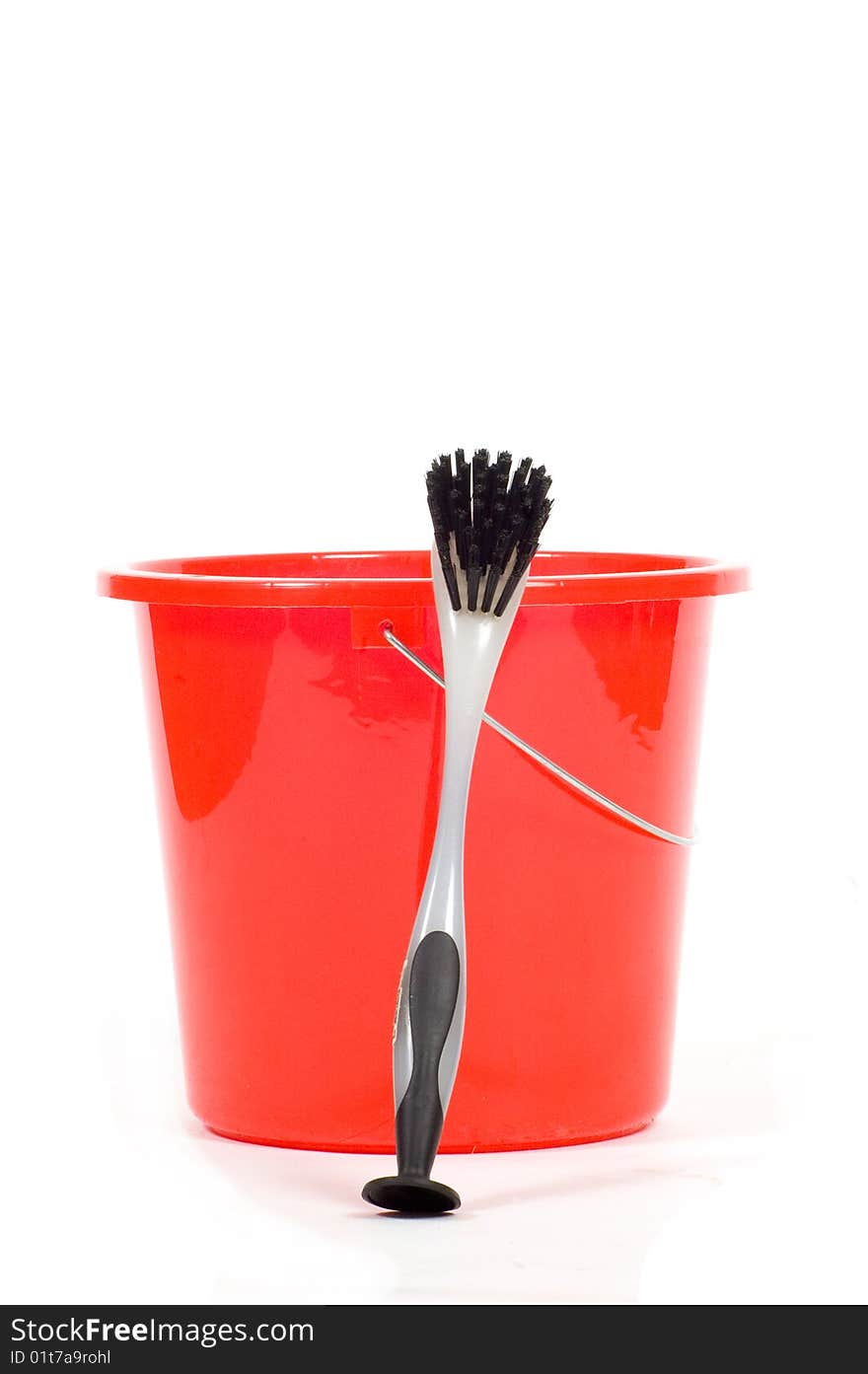 Red Bucket With Gray Dishwashing Brush