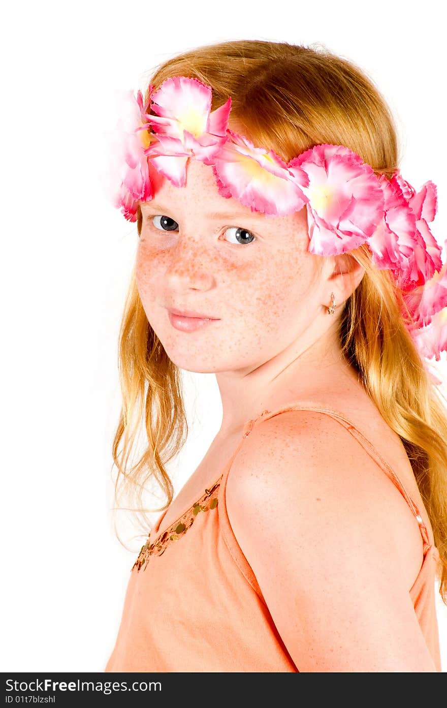 Girl with flower guirland on her head isolated on white