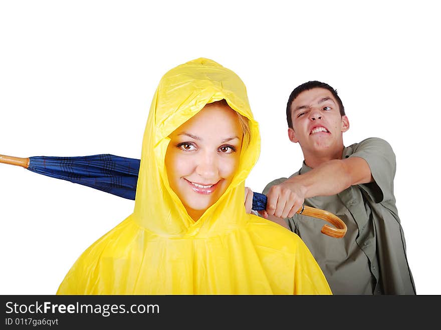 Male model about to hit female in yellow hood