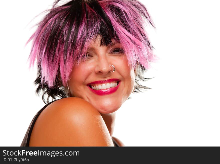 Pink And Black Haired Girl with Nose Ring Smiling Isolated on a White Background. Pink And Black Haired Girl with Nose Ring Smiling Isolated on a White Background.