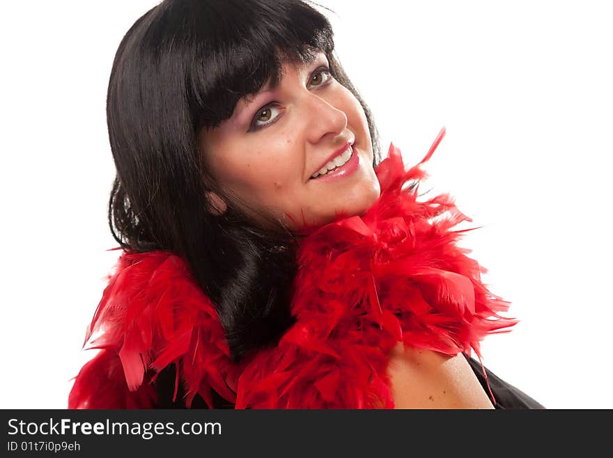 Pretty Girl Smiling with Red Feather Boa Isolated on a White Background. Pretty Girl Smiling with Red Feather Boa Isolated on a White Background.