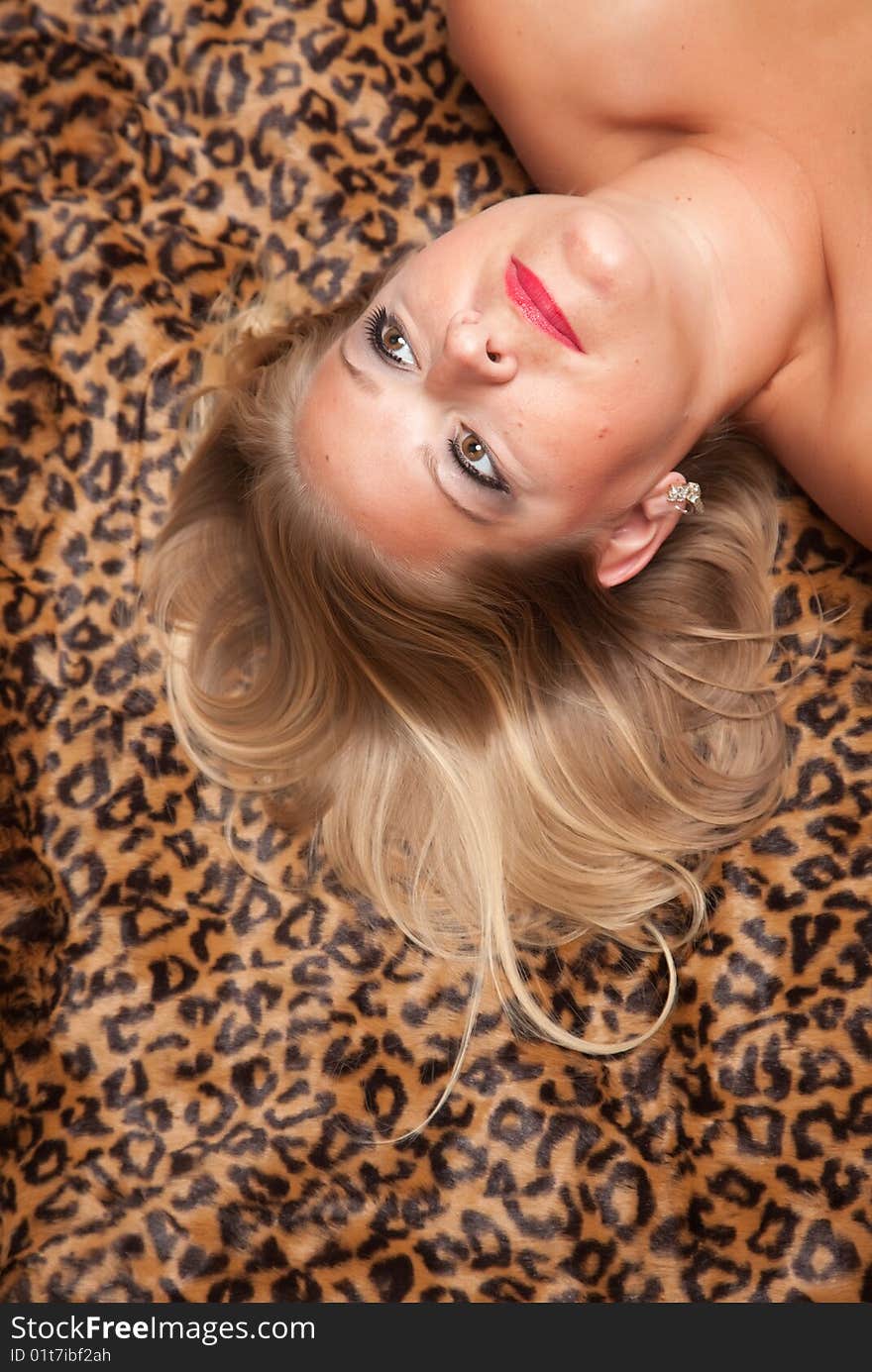 Beautiful Blonde Woman Poses on Leopard Blanket.