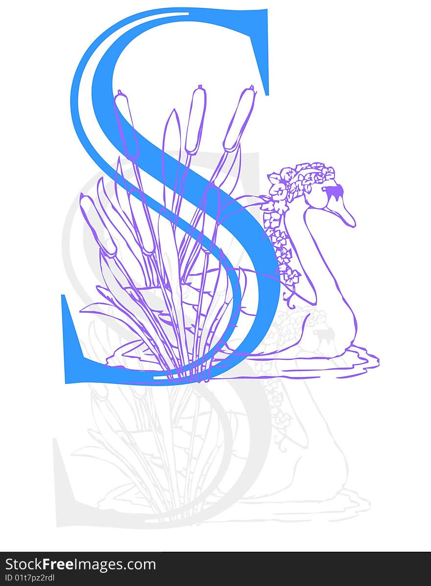 Illustration of alphabet letter s with a swan