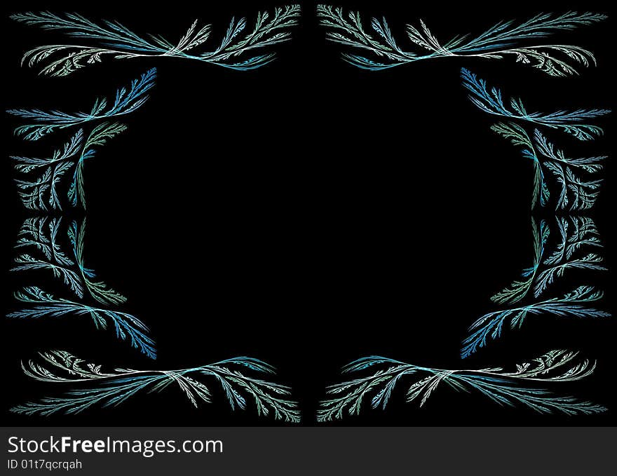 Leafy aqua or teal fractal frame or border with black copy space. Leafy aqua or teal fractal frame or border with black copy space.