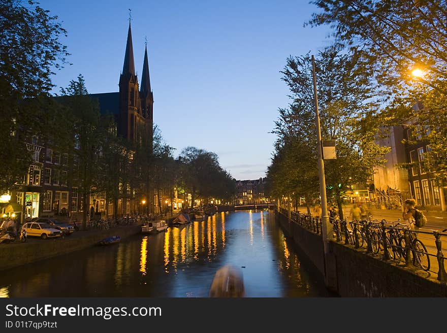 Long exposure shot of Amsterdam at night