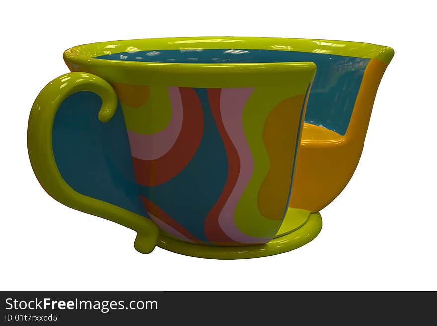 Isolated bright multi-coloured tea cup chair found in a children's area of a bookstore. Kids use it to sit and read.