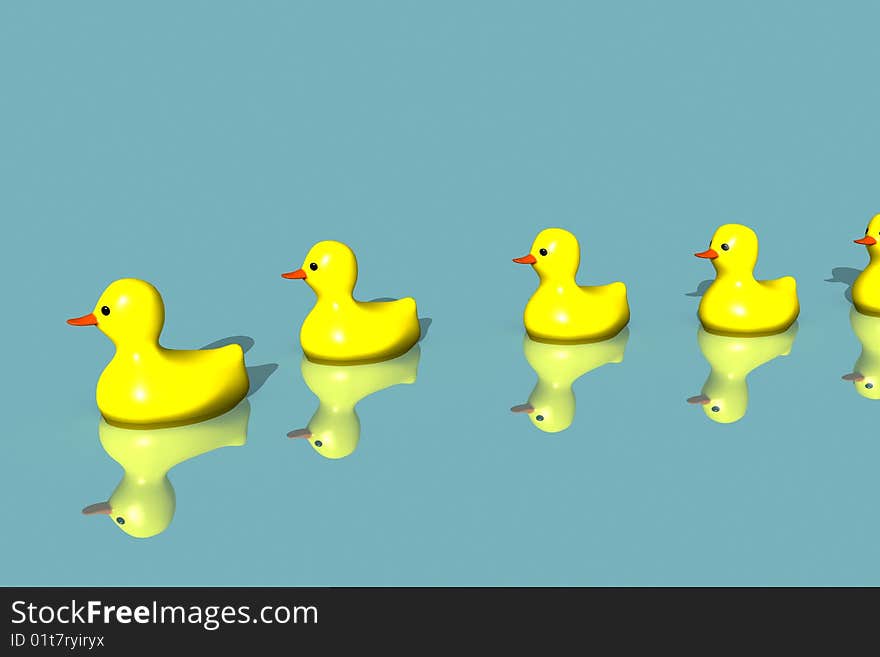 Rubber yellow duck family on water