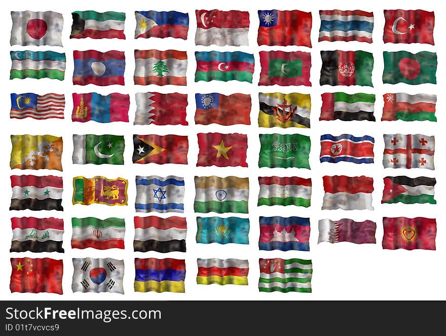 Set of Asia flags. Illustration over white background