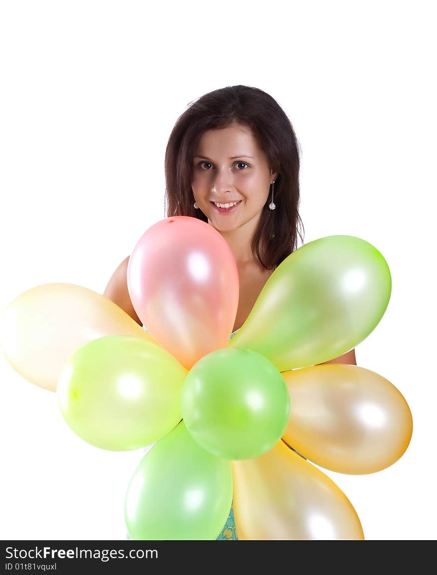 Cute young girl with balloons. Isolated on a white background