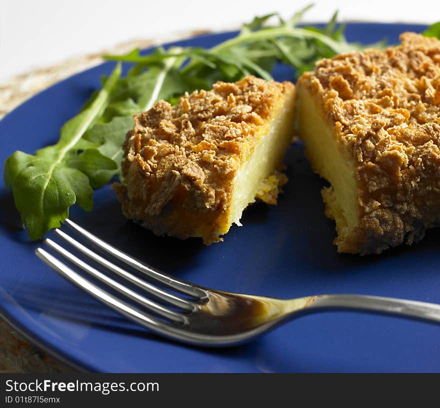 Still life of potato fillet in cornflakes