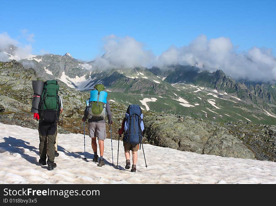 Hiker Family in Caucasus mountains