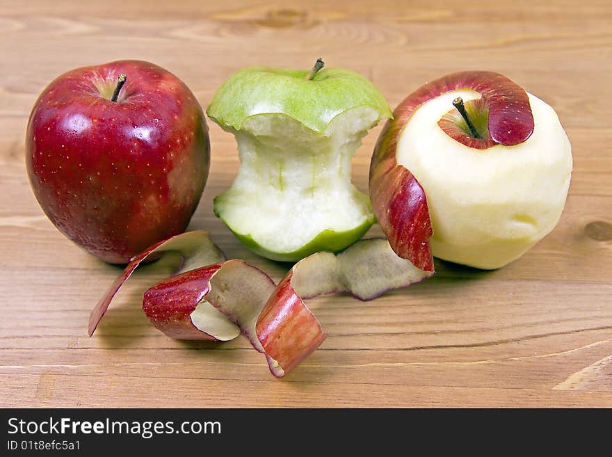 Before, after, during three stages of apples. Before, after, during three stages of apples