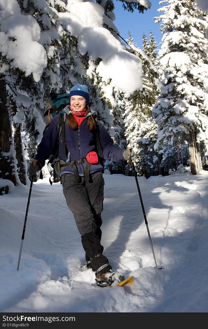 Hiker girl in winter mountains. Hiker girl in winter mountains