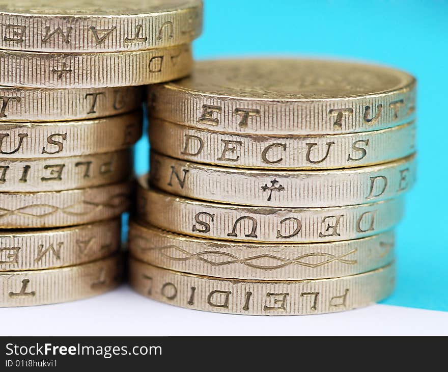 Close-up of stack of UK pound coins