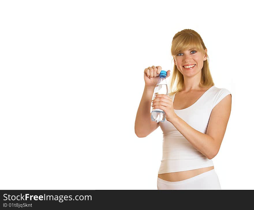 Young girl with bottle of water on isolated. Young girl with bottle of water on isolated