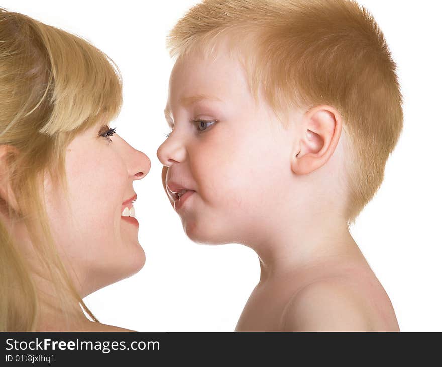 Young mum with the small son on a white background. Young mum with the small son on a white background