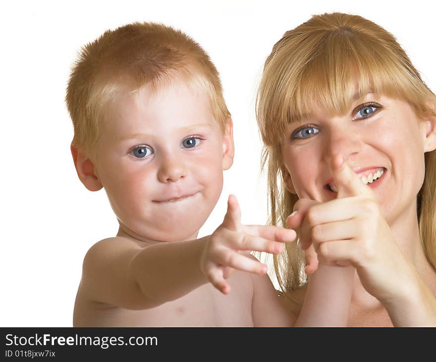 Young mum with the small son on a white background. Young mum with the small son on a white background