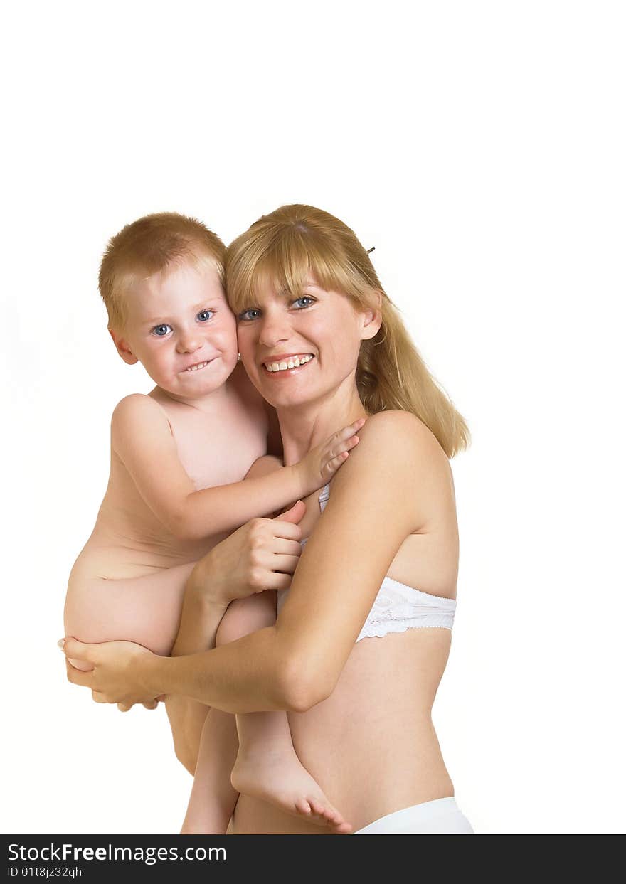 Young mum with the small son on a white background. Young mum with the small son on a white background