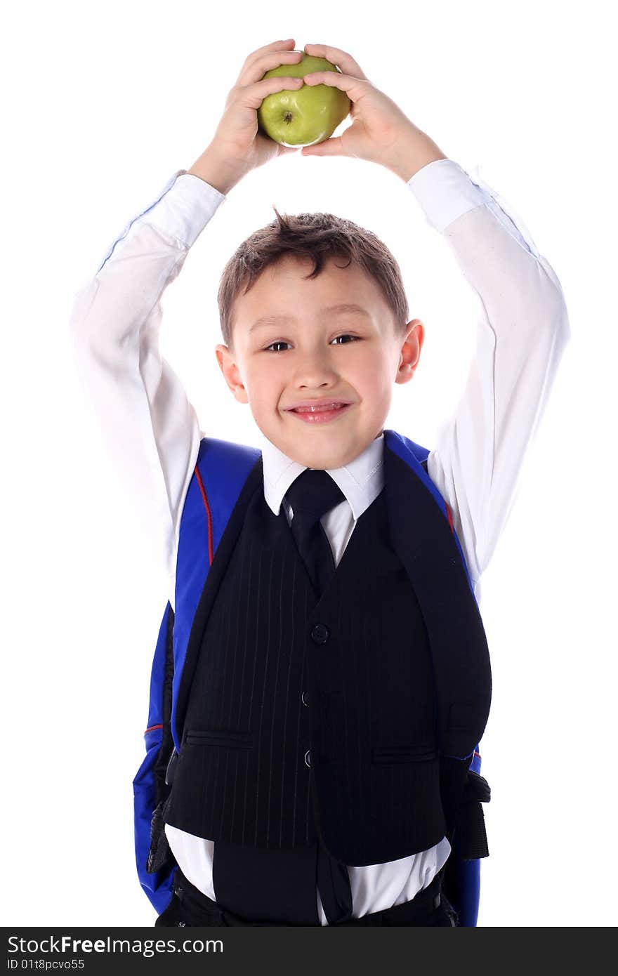 Schoolboy with backpack and apple. Schoolboy with backpack and apple