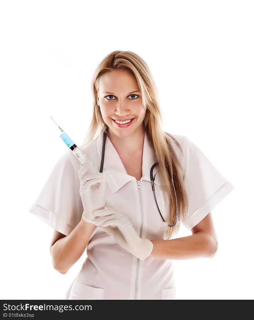 Smiling medical doctor with stethoscope. Isolated over white background