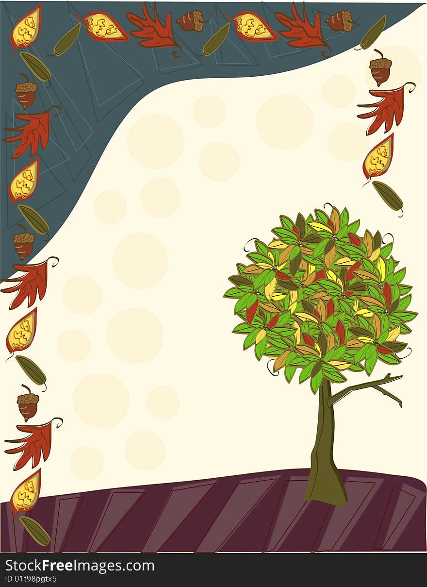 A fun and funky autumn background with a tree full of turning leaves and festive patterns.