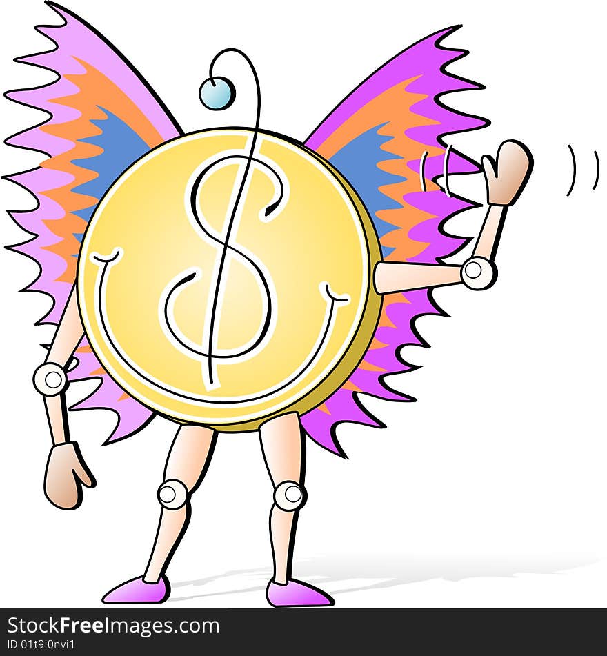 Smiling dollar coin with wings. Smiling dollar coin with wings