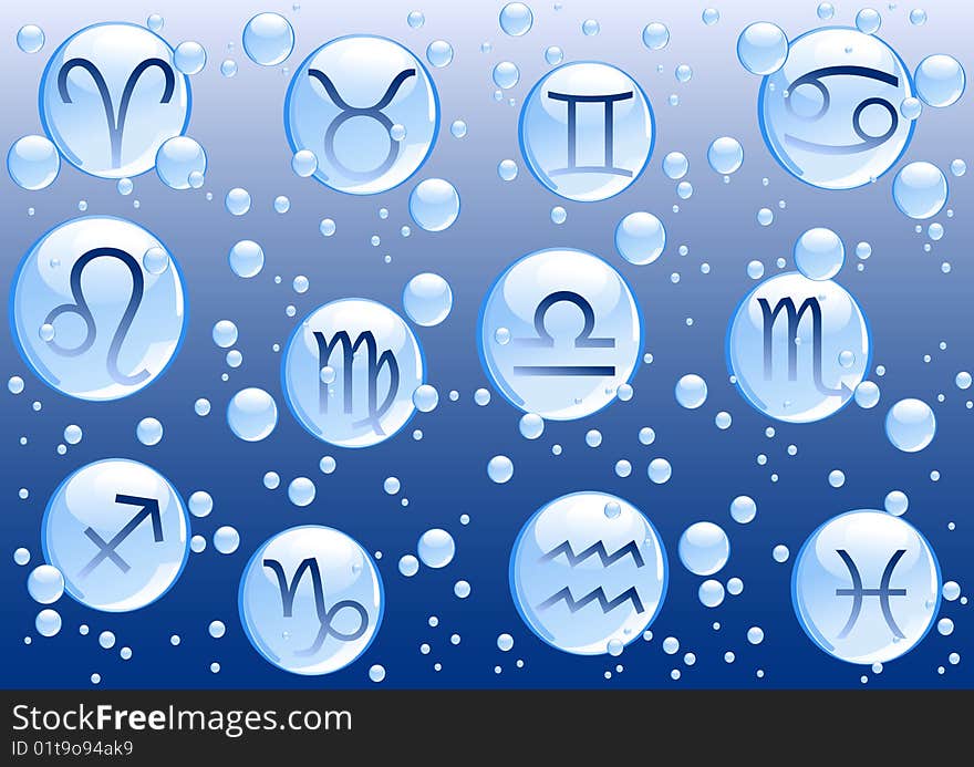 Blue bubbles with zodiac signs on blue background. Additional vector format in EPS (v.8). Blue bubbles with zodiac signs on blue background. Additional vector format in EPS (v.8).