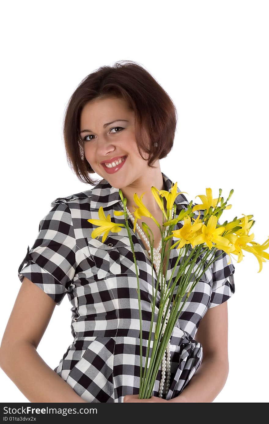 Pretty woman with yellow day-lily. White background. Pretty woman with yellow day-lily. White background