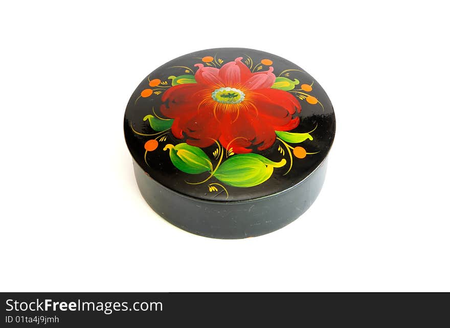 Oval black casket with flower pattern isolated