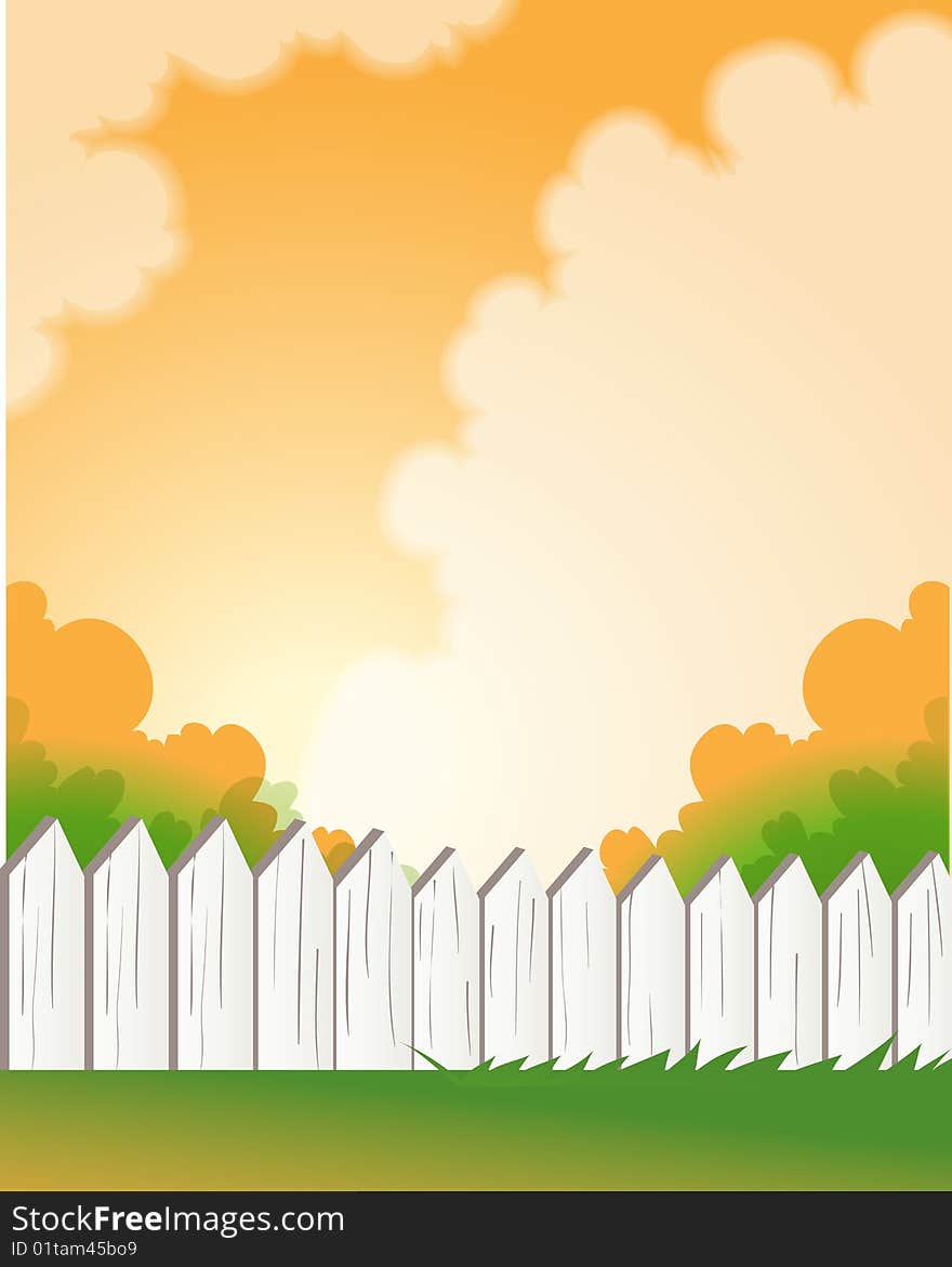 White fence with green lawn under dusk