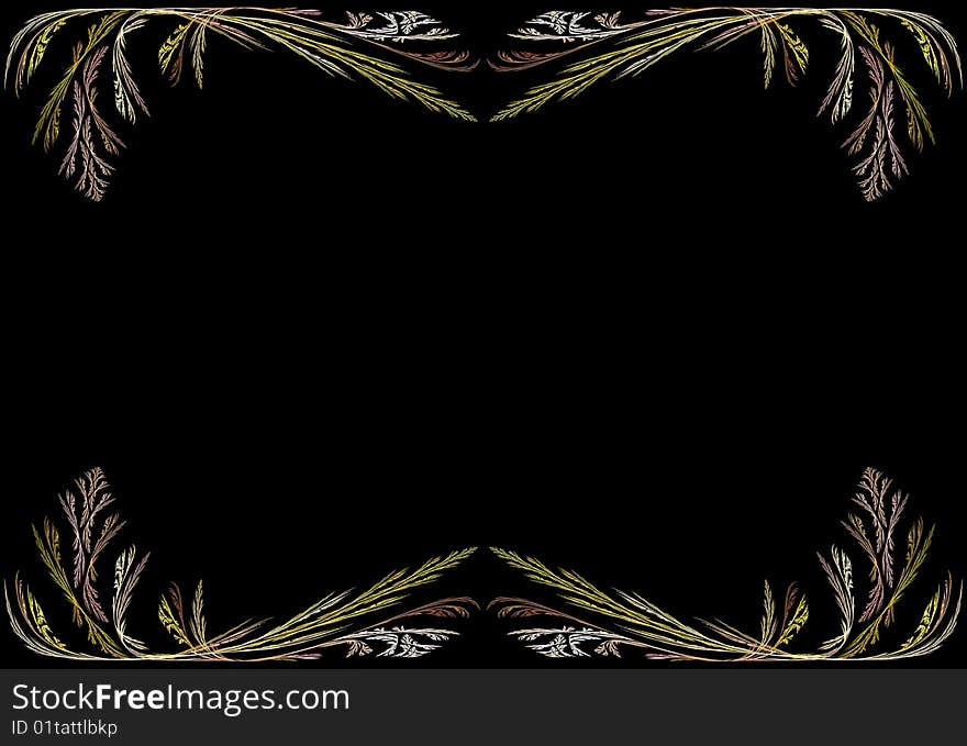 Leafy gold and pink fractal frame or border with black copy space. Leafy gold and pink fractal frame or border with black copy space.