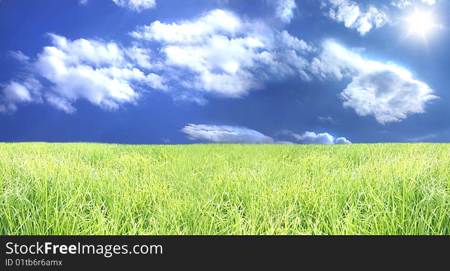 The blue sky with the sun and a green grass. The blue sky with the sun and a green grass.