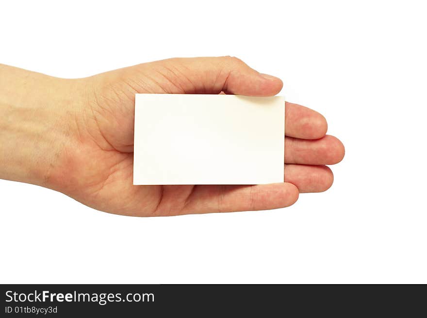 Empty business card in the hand isolated over white background