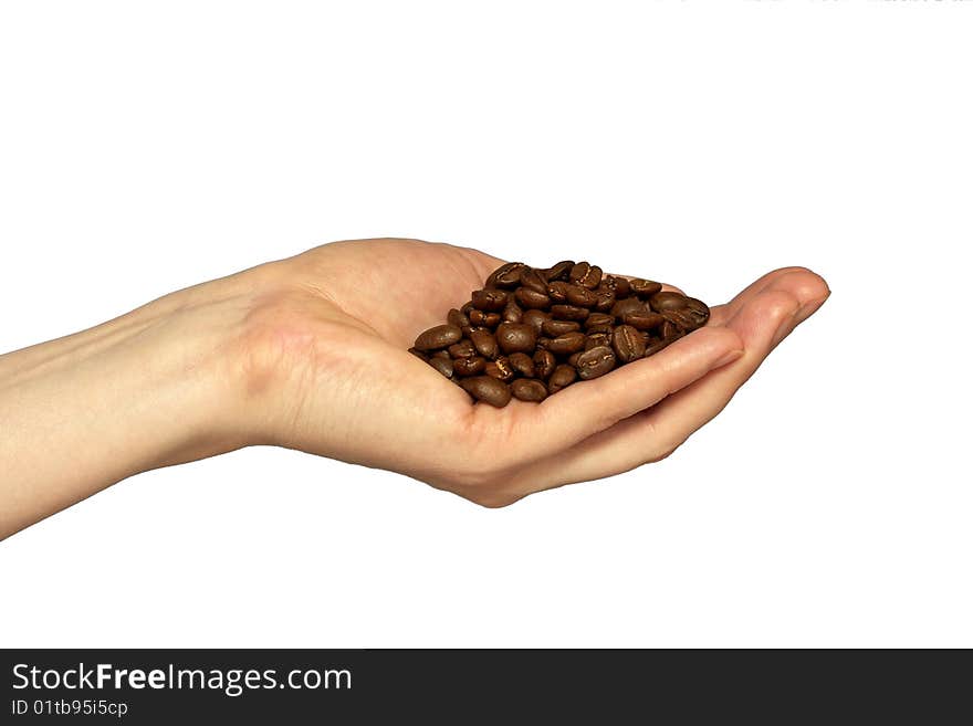 A pile of coffee grains in the hand isolated over white background