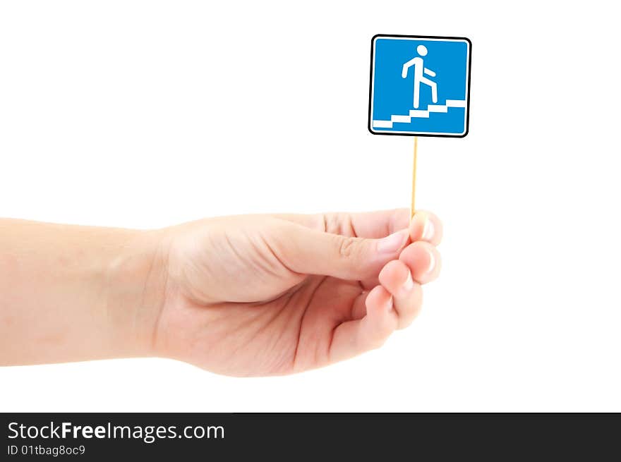 Hand holding sign isolated on a white background