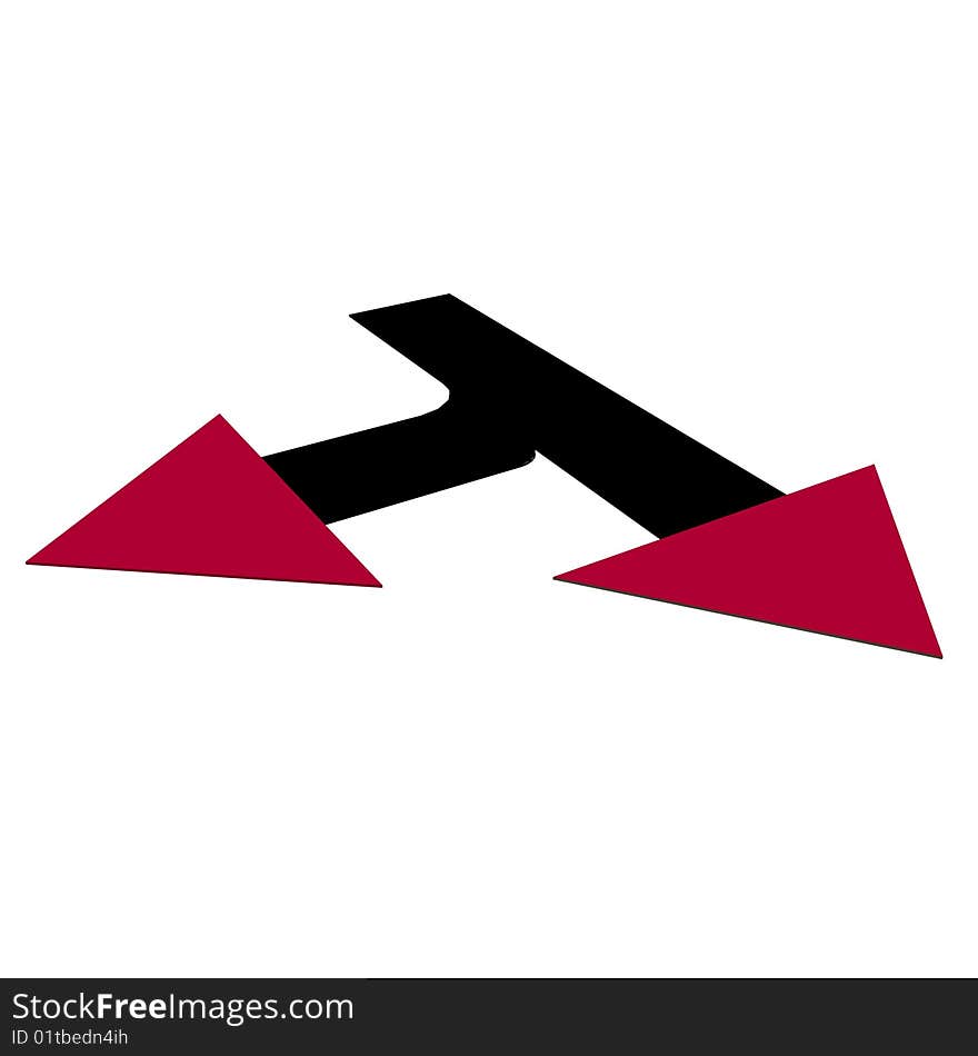 Dart of the red direction downwards and on white background to the left