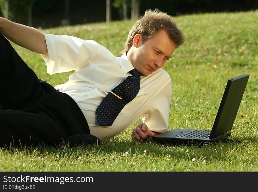 Man With Laptop Working Outdoor