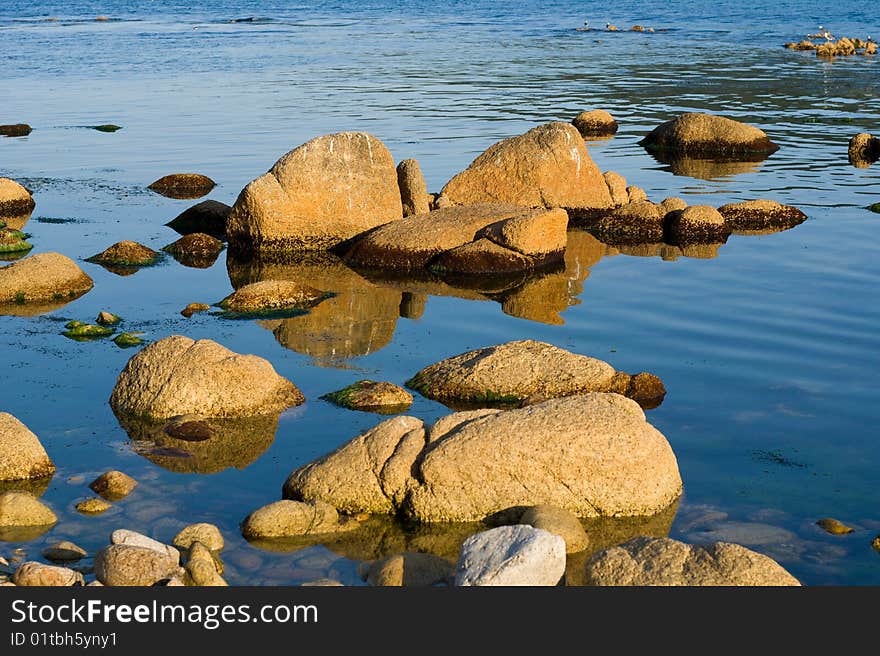 A close-up of the brown-red stones in seawater. Summer, early evening. A close-up of the brown-red stones in seawater. Summer, early evening.