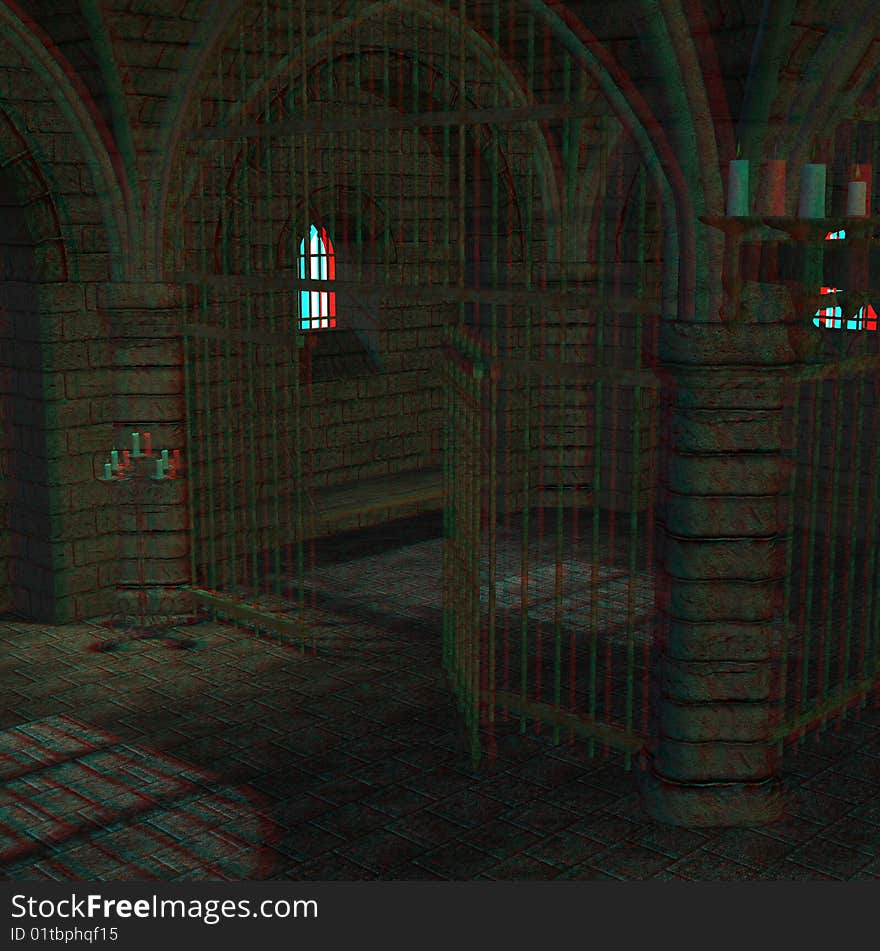 This is an anaglyph image / stereo rendering of a medieval prison cell. The 3d effect however is only visible with red-cyan-specs (red/blue-googles)