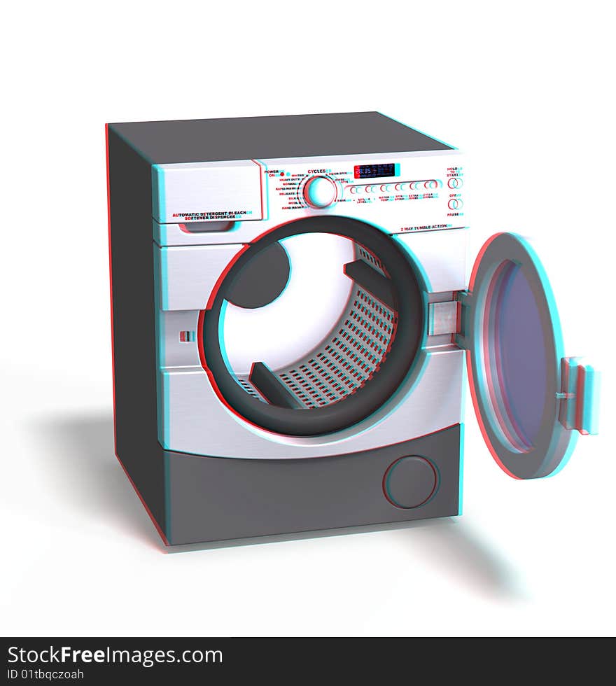 This is an anaglyph image / stereo rendering of a washing machine. The 3d effect however is only visible with red-cyan-specs (red/blue-googles)