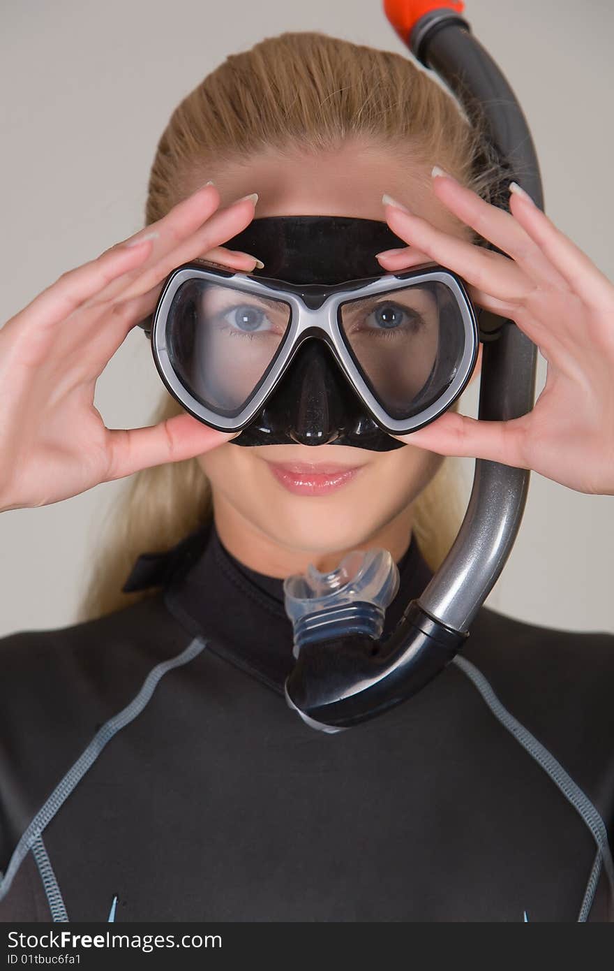 Closeup diver girl, studio shot