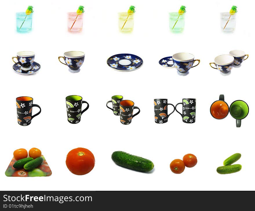 Fresh vegetables, glasses and cups icons